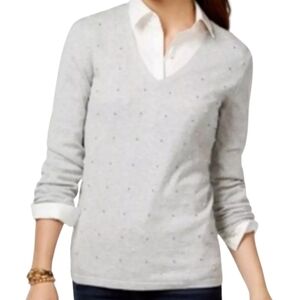 Tommy Hilfiger Sz S Grey VNeck Long Sleeve French Knot‎ Cotton Sweater Preppy